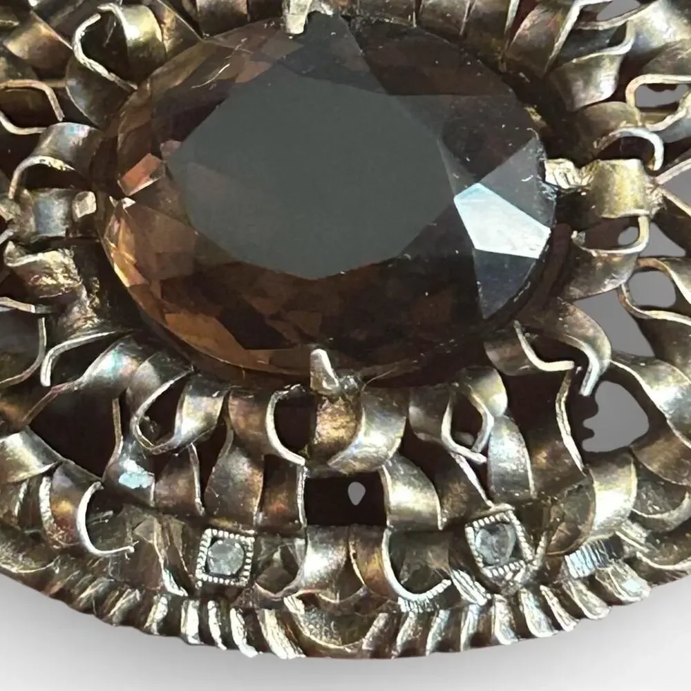 Victorian Smoky Glass Brooch – Gold Tone Openwork, Paste Accents